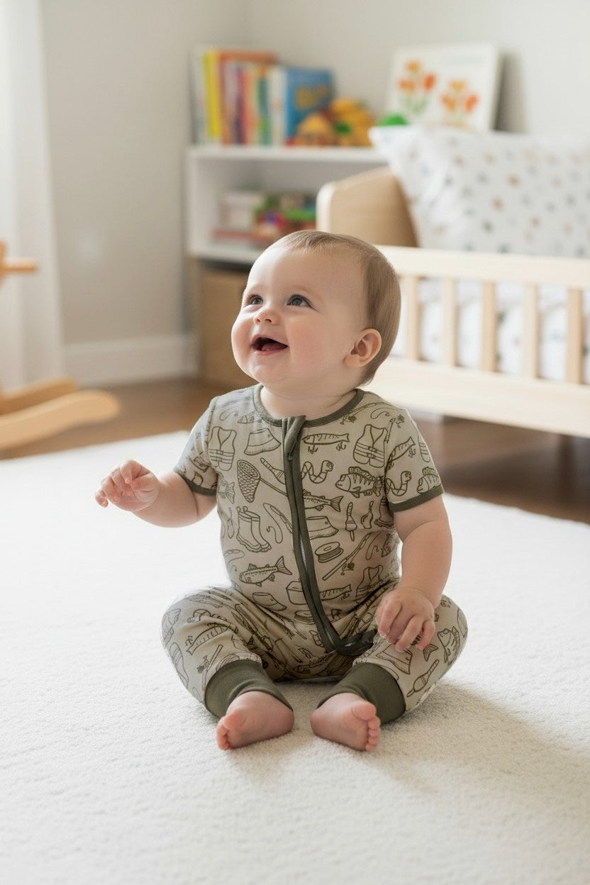 Gone Fishing short sleeve baby romper with olive green hem. SR0425-2-A-