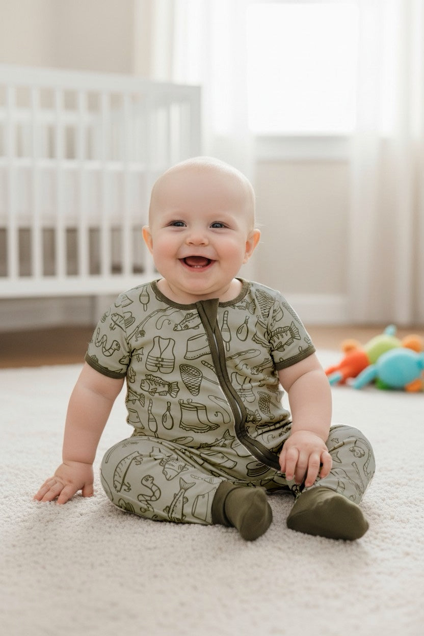 Gone Fishing short sleeve baby romper with olive green hem. SR0425-2-A-