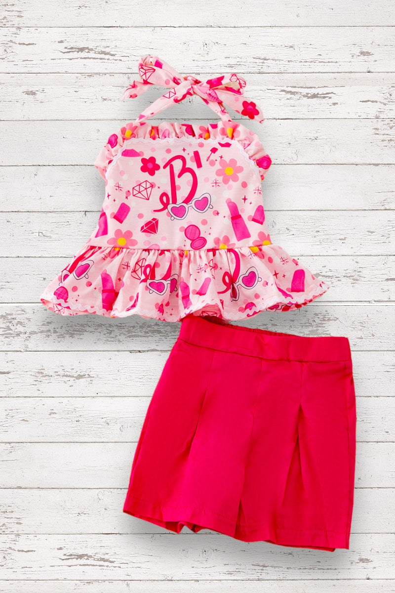 CUTE COLORFUL RUFFLE HALTER TOP & FUCHSIA SHORT SET. OFG41073