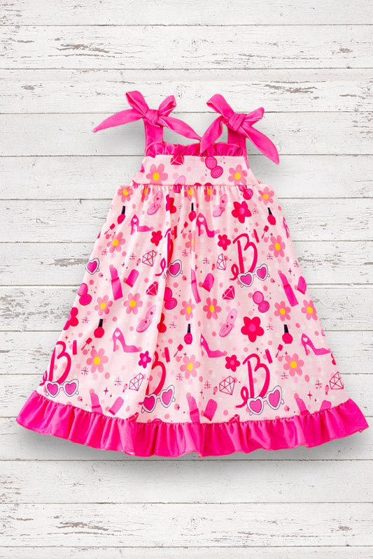 PINK COLORFUL DRESS W/PINK RUFFLE TRIM. DRG41509