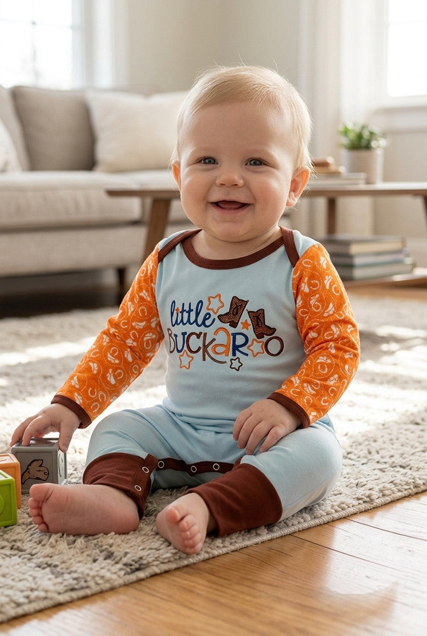 Little Buckaroo" western printed baby romper w/ fold over footie. RPB60578