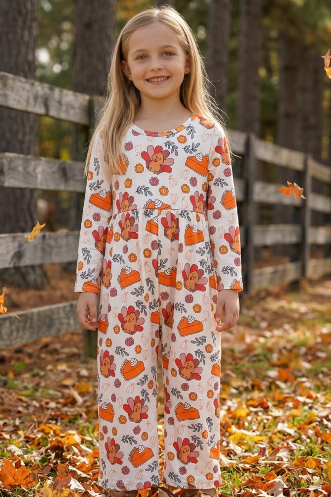 Turkey printed girls jumpsuit with back buttons. LR0425-30-SOL