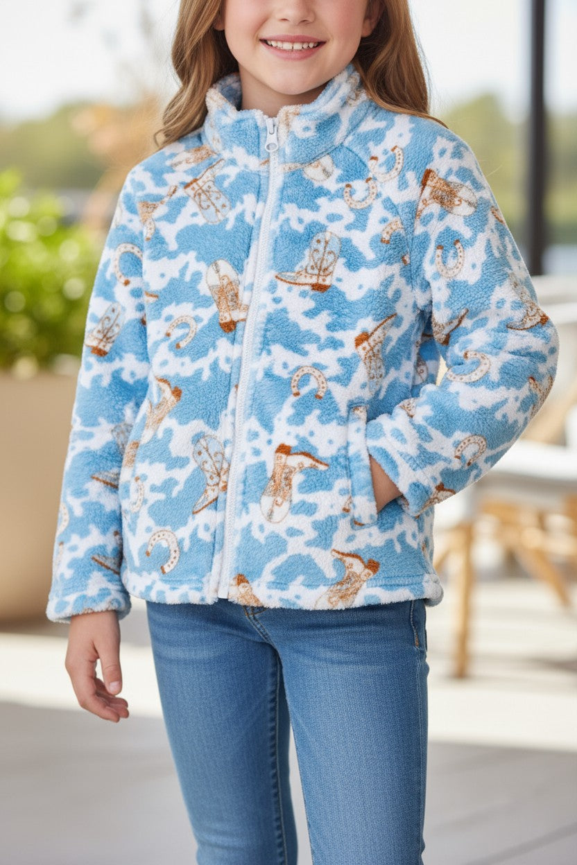 Soft fleece western printed zip up jacket. (unisex)