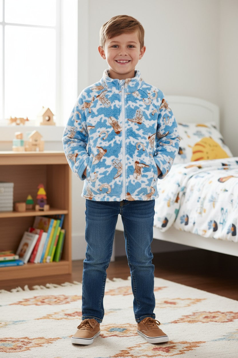 Soft fleece western printed zip up jacket. (unisex)