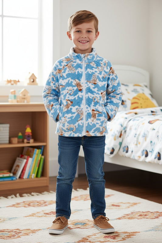 Soft fleece western printed zip up jacket. (unisex)