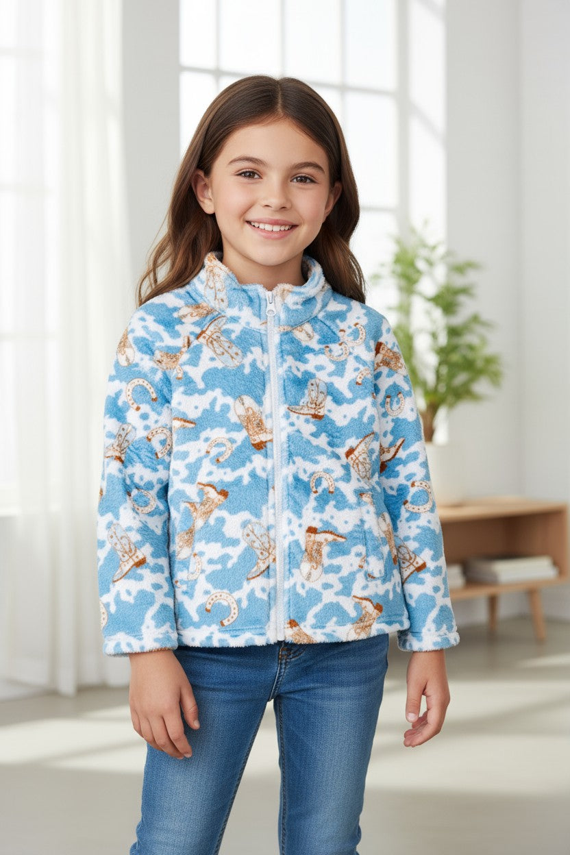 Soft fleece western printed zip up jacket. (unisex)